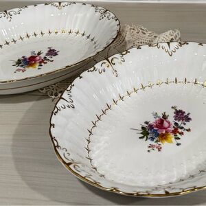 Royal Crown Derby White Porcelain Veg Bowls with Multicolor Floral and Gold Trim